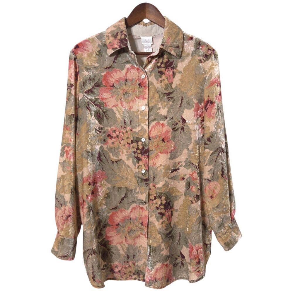 Soft Surroundings Velvet Tunic Shirt Womens M Green & Tan Floral Button Down